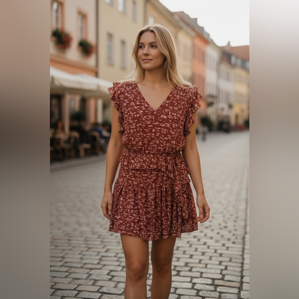 Simply Vera -Vera Wang- Women's Ruffled V-Neck Top - Rust Pattern Size Large